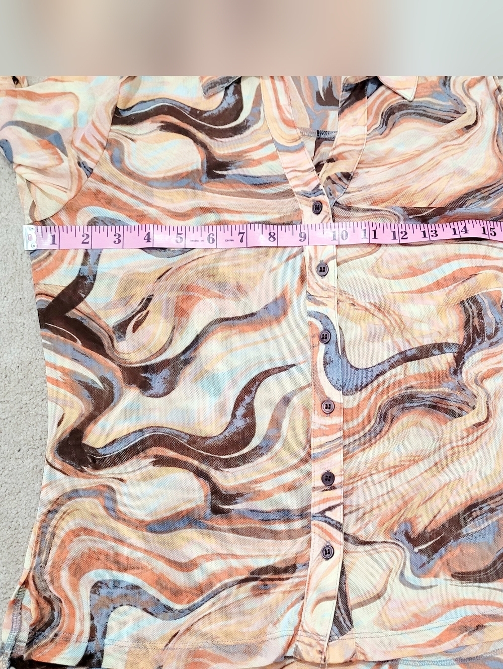 Sheer Blouse Women’s Large Marble Print Button Down Stretch Boho Active USA - Picture 7 of 11